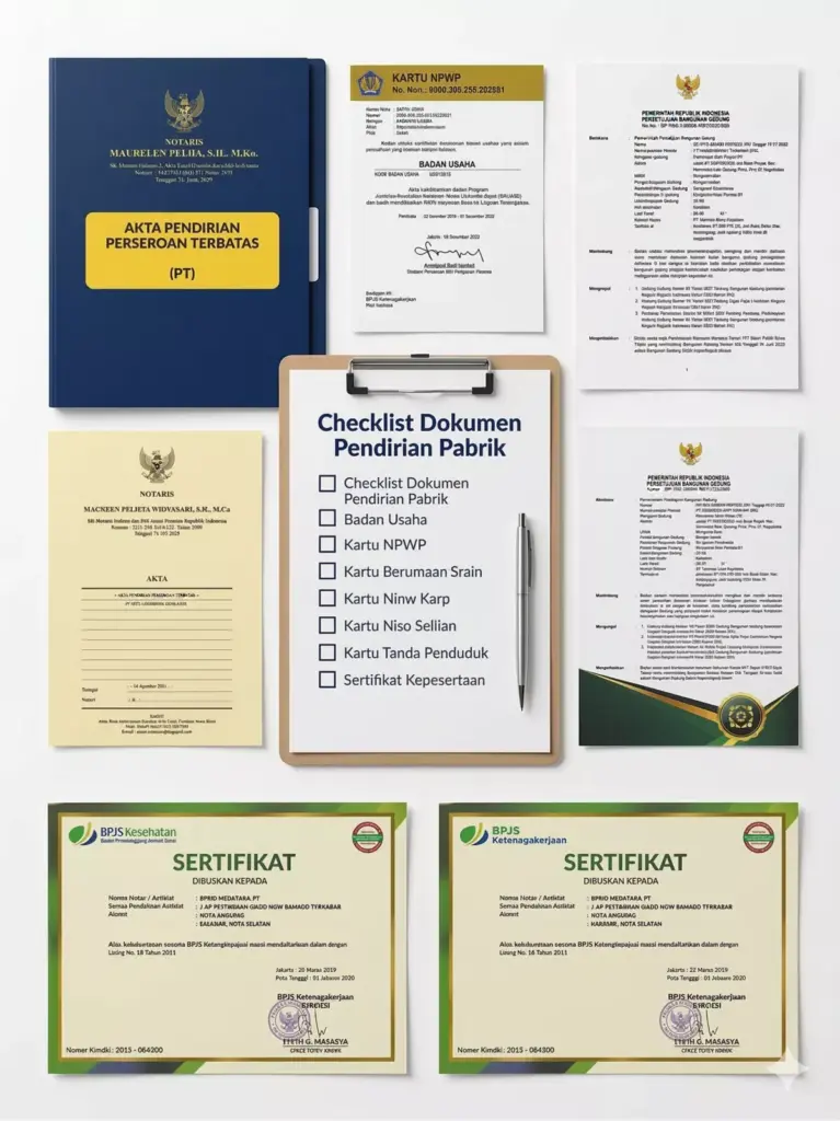 Checklist dokumen pendirian pabrik kosmetik meliputi akta PT, NPWP, PBG, dan sertifikat BPJS