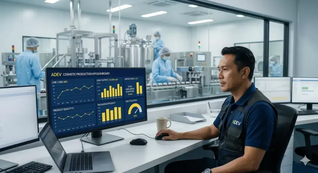 Manajer pabrik kosmetik menganalisis dashboard KPI produksi untuk evaluasi dan peningkatan operasional berkala
