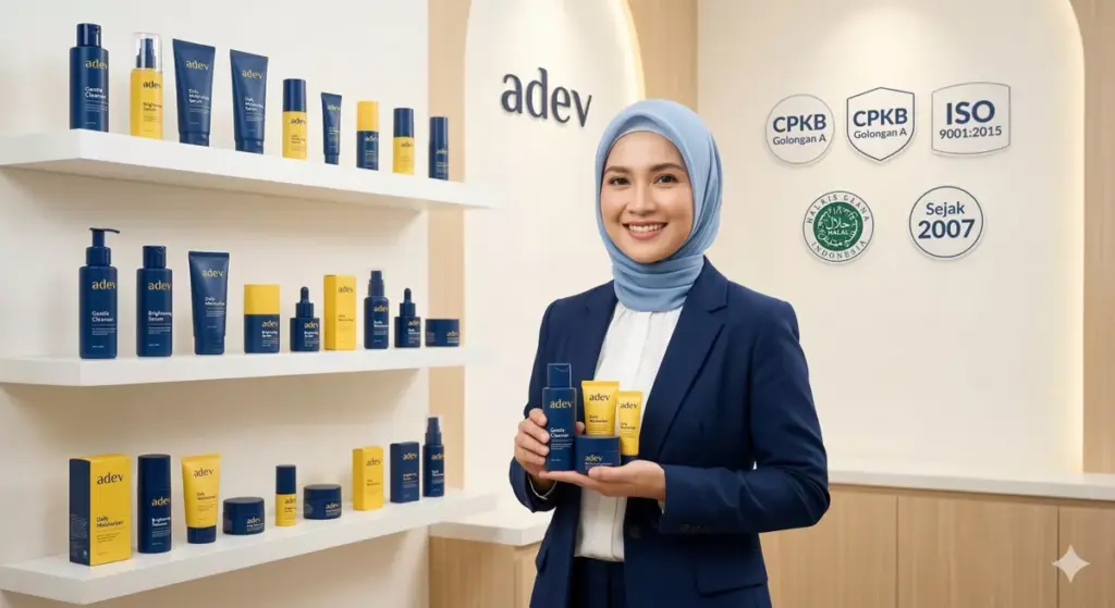 Pengusaha wanita berhijab pegang produk adev dengan sertifikasi CPKB Golongan A ISO 9001 Halal MUI sejak 2007