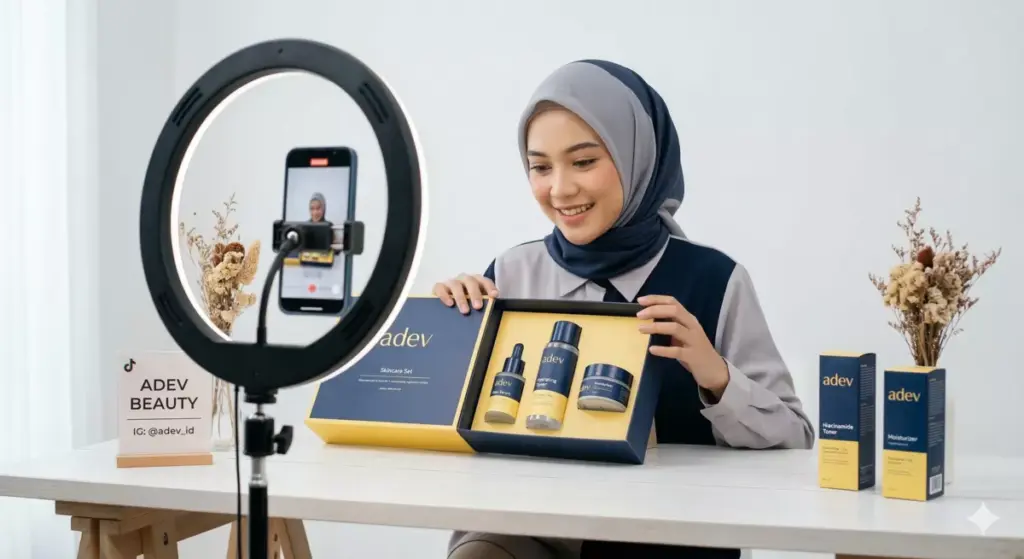 Beauty content creator berhijab mempromosikan produk kosmetik adev di media sosial untuk pemasaran digital 
