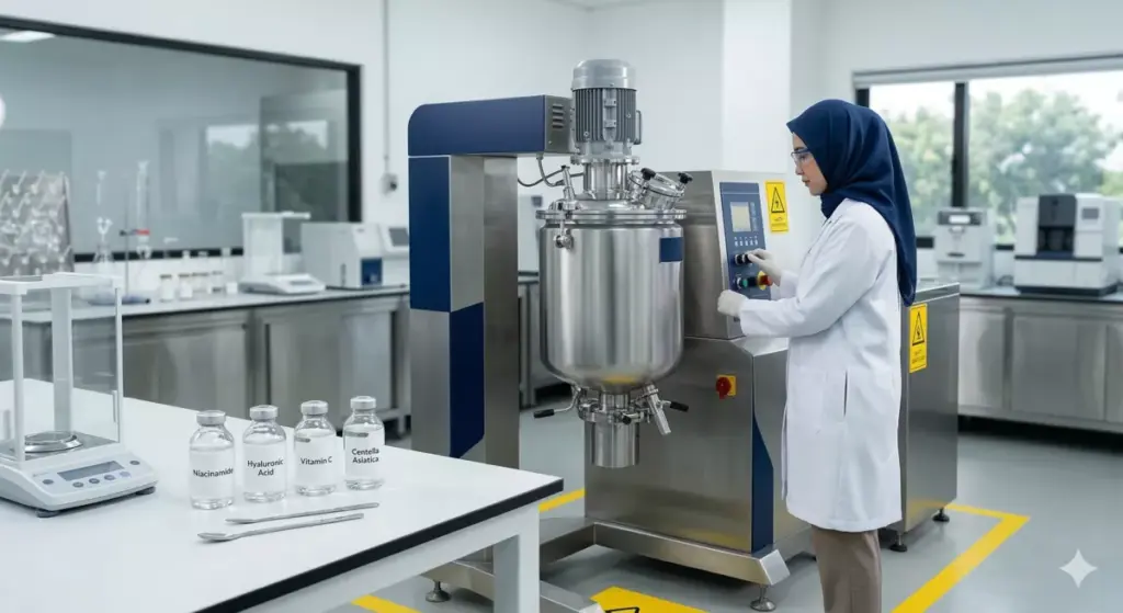 Mesin homogenizer dan bahan baku kosmetik niacinamide hyaluronic acid di laboratorium pabrik kosmetik