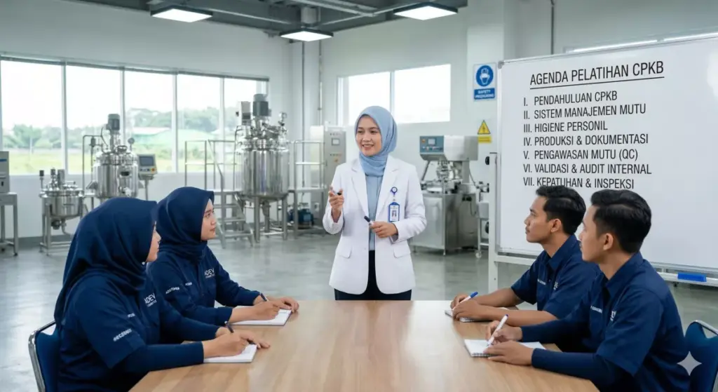 Tim produksi pabrik kosmetik mendapat pelatihan CPKB dari apoteker penanggung jawab teknis berlisensi SIPTTK