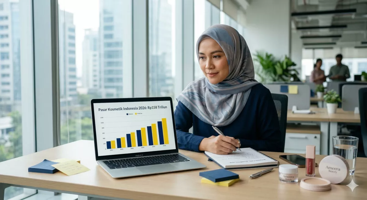 Pengusaha wanita berhijab menganalisis data riset pasar kosmetik Indonesia untuk rencana bisnis pabrik kosmetik
