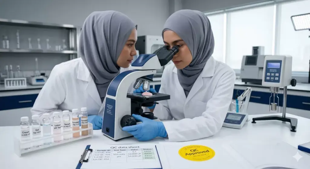 Ilmuwan berhijab uji kualitas QC sampel kosmetik di laboratorium pabrik sebelum notifikasi BPOM
