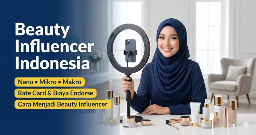 Beauty influencer Indonesia hijab merekam konten kecantikan dengan produk skincare dan makeup di atas meja rias