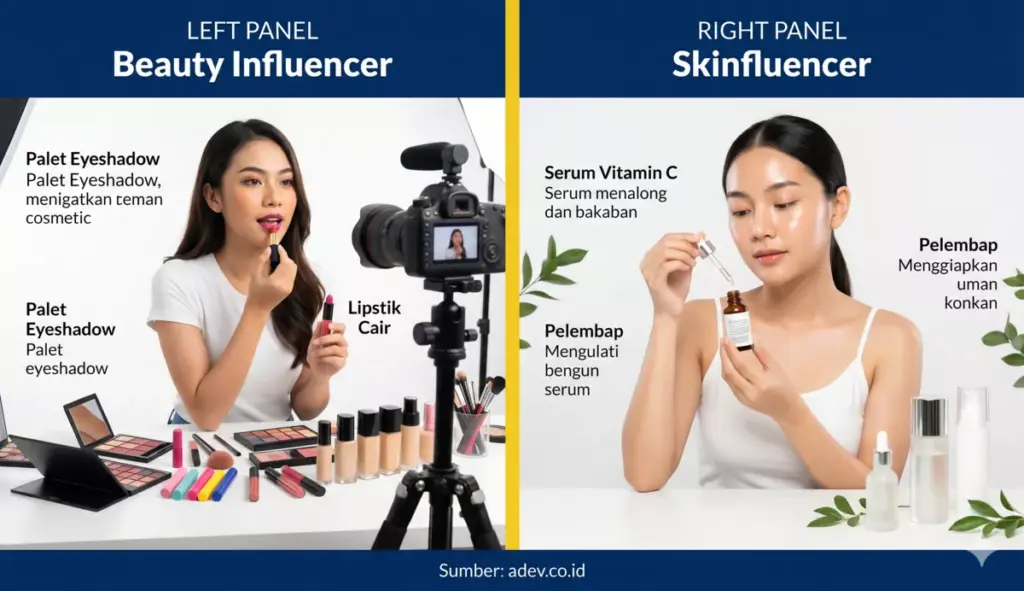 Perbedaan beauty influencer dan skinfluencer: beauty influencer fokus makeup, skinfluencer fokus edukasi skincare