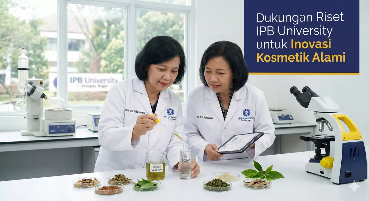 Infografis ekosistem riset IPB University untuk pengembangan kosmetik alami PT Adev Bogor.