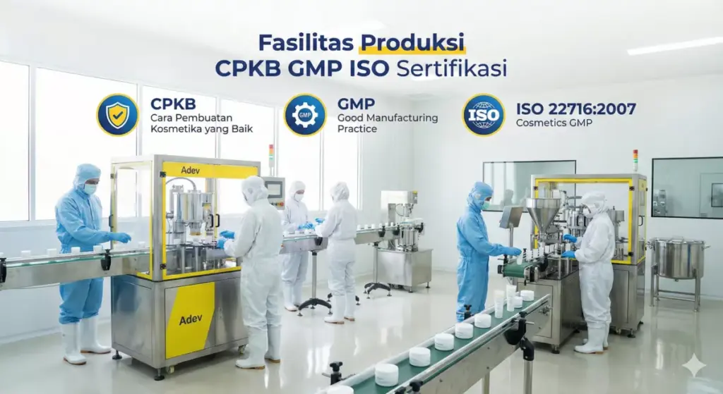 Infografis fasilitas produksi maklon kosmetik Adev Bogor bersertifikat CPKB, GMP, dan ISO 22716.