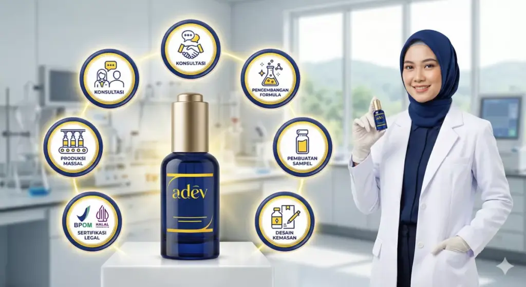 Infografis proses jasa maklon kosmetik PT Adev Natural Indonesia dari konsultasi hingga produksi massal