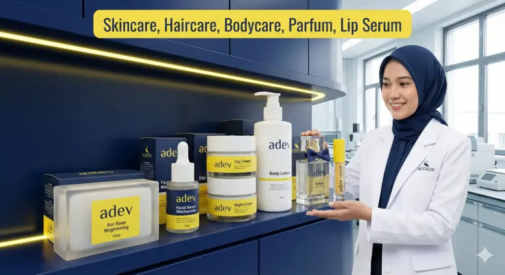 Infografis produk maklon Adev Bogor: serum niacinamide, sabun batang, bodycare, lip tint.