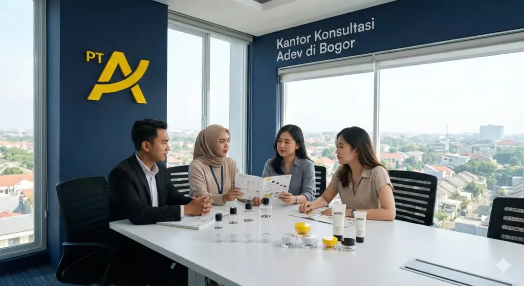Infografis kantor PT Adev Bogor untuk konsultasi maklon dengan katalog kemasan botol dan pot cream.