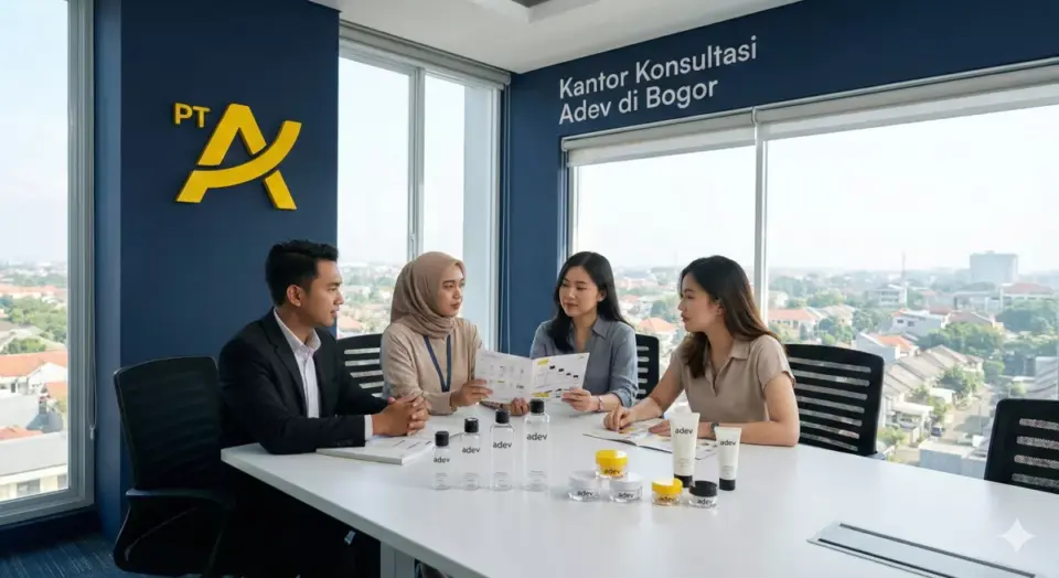 Infografis kantor PT Adev Bogor untuk konsultasi maklon dengan katalog kemasan botol dan pot cream.