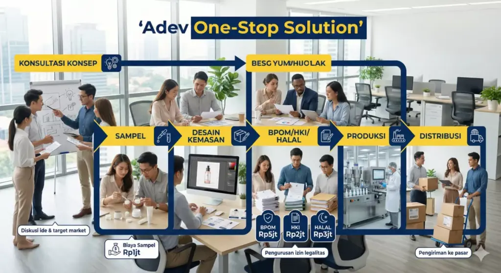 Infografis proses maklon one-stop PT Adev: BPOM Rp5.000.000, Halal Rp3.000.000, desain kemasan.