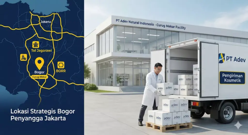 Infografis lokasi Bogor sebagai hub logistik kosmetik dekat Tol Jagorawi untuk PT Adev.