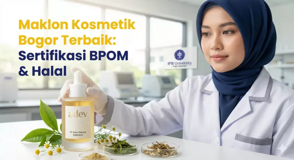 Infografis maklon kosmetik Bogor PT Adev dengan sertifikasi BPOM dan Halal di laboratorium modern.