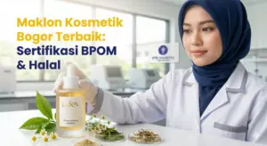 Infografis maklon kosmetik Bogor PT Adev dengan sertifikasi BPOM dan Halal di laboratorium modern.