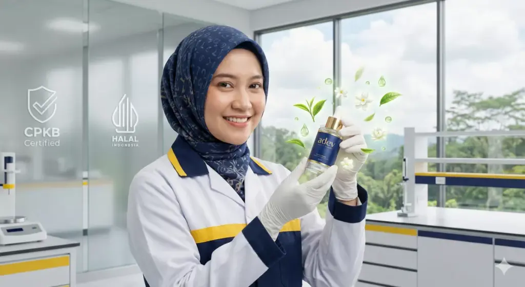 Ilmuwan kosmetik Indonesia berhijab memegang botol serum di laboratorium Pabrik Maklon Kosmetik Bersertifikat Adev Bogor