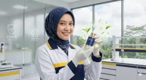 Ilmuwan kosmetik Indonesia berhijab memegang botol serum di laboratorium Pabrik Maklon Kosmetik Bersertifikat Adev Bogor