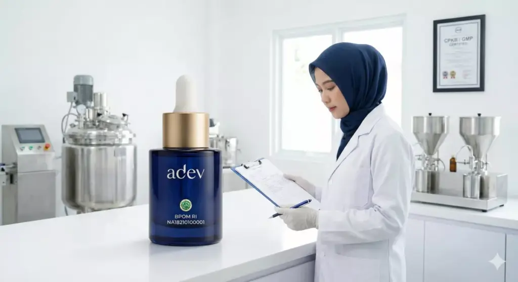 Ilustrasi pengertian jasa maklon kosmetik PT Adev Natural Indonesia dengan botol serum bersertifikat BPOM