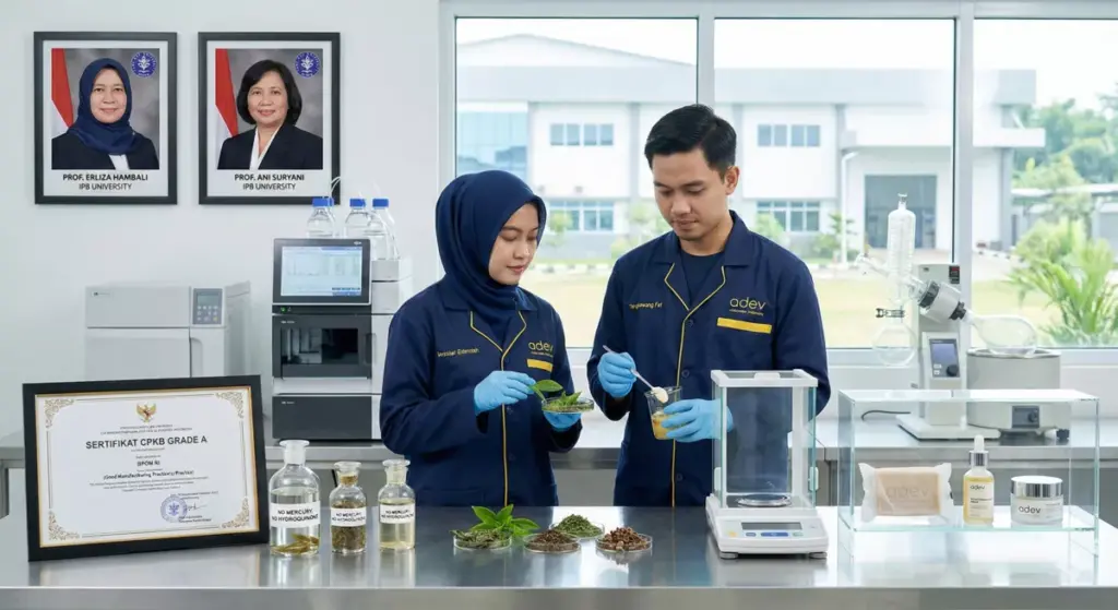 Tim R&D PT Adev Natural Indonesia dengan pakar IPB Prof. Erliza Hambali dan Prof. Ani Suryani di laboratorium Bogor