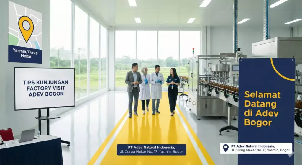 Infografis panduan kunjungan kantor maklon PT Adev Bogor dengan presentasi product knowledge.