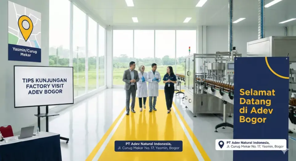 Infografis panduan kunjungan kantor maklon PT Adev Bogor dengan presentasi product knowledge.
