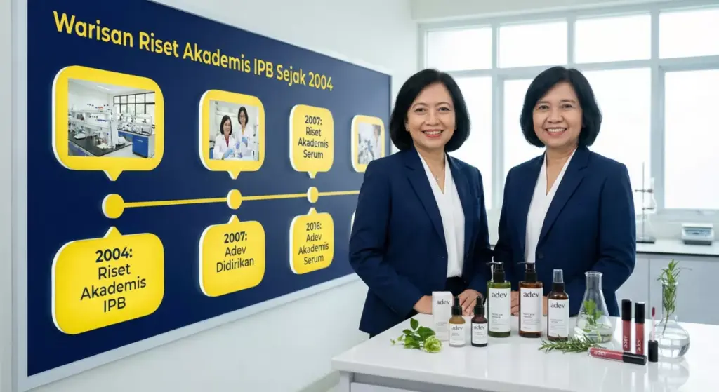 Infografis sejarah riset akademis PT Adev dari IPB sejak 2004 hingga maklon skincare modern.