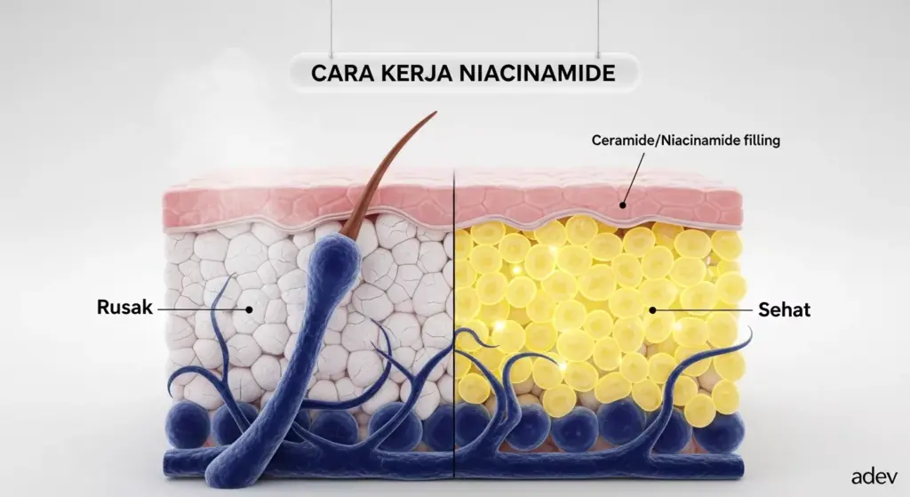 Infografis perbandingan kulit rusak vs kulit sehat yang dirawat dengan Niacinamide, menunjukkan perbaikan lapisan skin barrier dan peningkatan produksi ceramide.