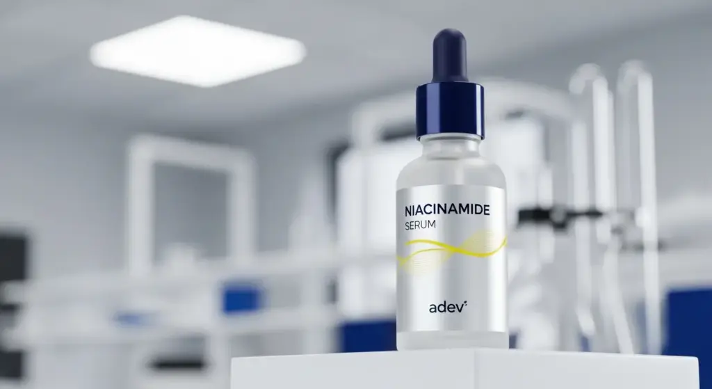 Mockup botol produk serum wajah premium dengan kandungan Niacinamide hasil produksi jasa maklon kosmetik PT Adev Natural Indonesia.