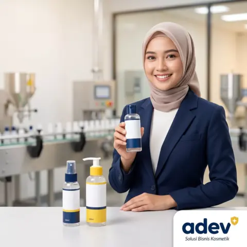 Perempuan Indonesia berhijab tersenyum memegang botol toner spray di pabrik kosmetik modern, untuk layanan maklon acne toner BPOM dan halal