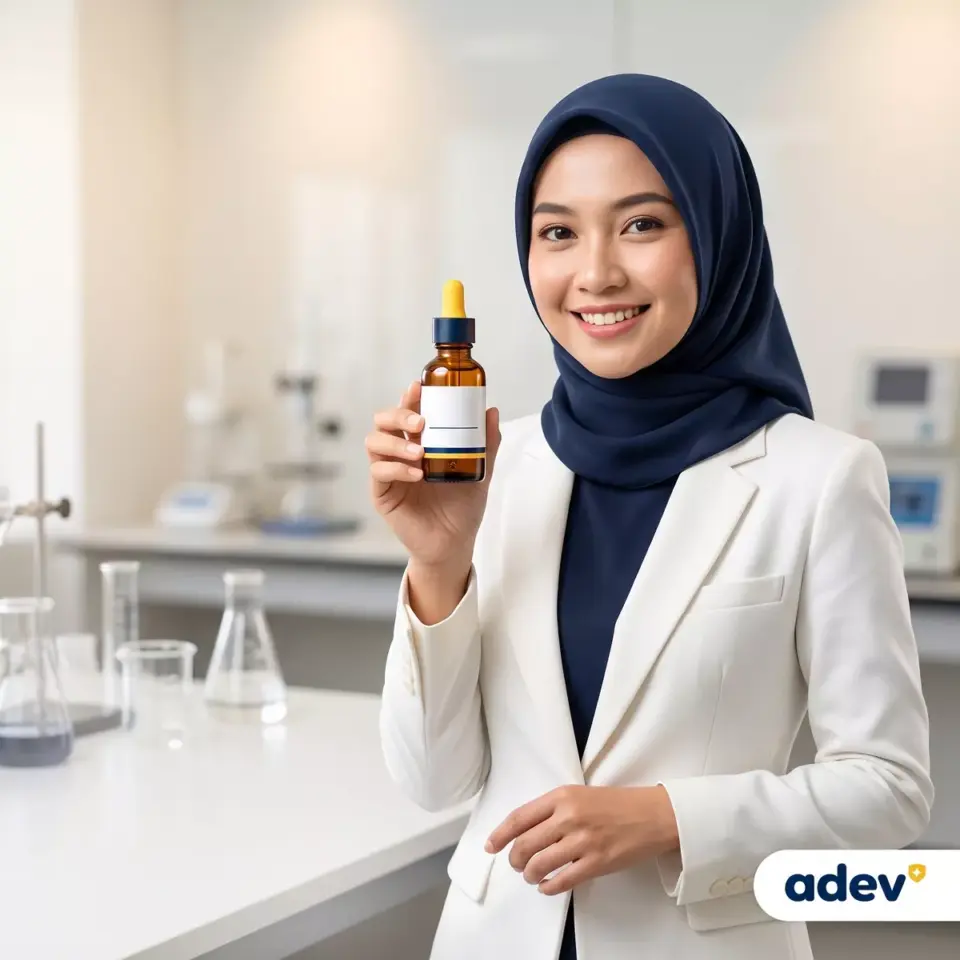 Perempuan Indonesia berhijab tersenyum memegang botol serum kaca amber berpipet di laboratorium kosmetik modern, untuk layanan maklon serum jerawat BPOM dan halal