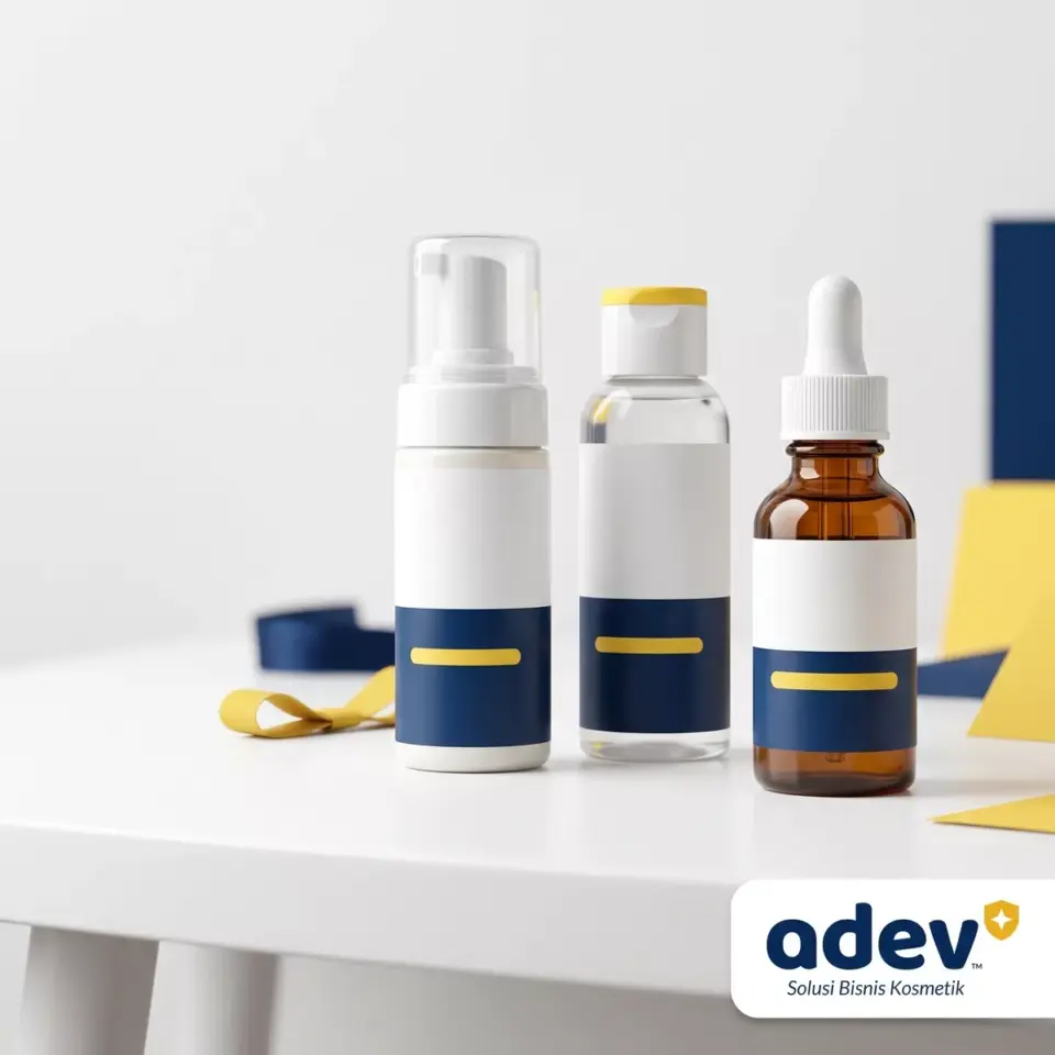 Foto tiga produk skincare acne berjejer di meja putih: botol facial wash, toner, dan serum dengan kemasan netral