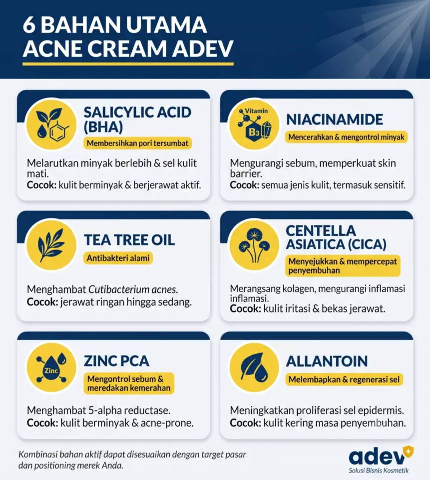 Infografik 6 bahan aktif acne cream ADEV: Salicylic Acid, Niacinamide, Tea Tree Oil, Centella Asiatica, Zinc PCA, dan Allantoin.