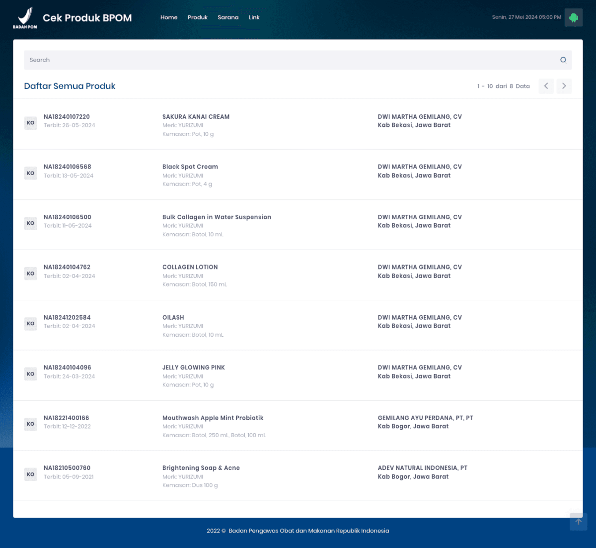 Contoh hasil verifikasi legalitas merk kosmetik Yurizumi di situs resmi BPOM.