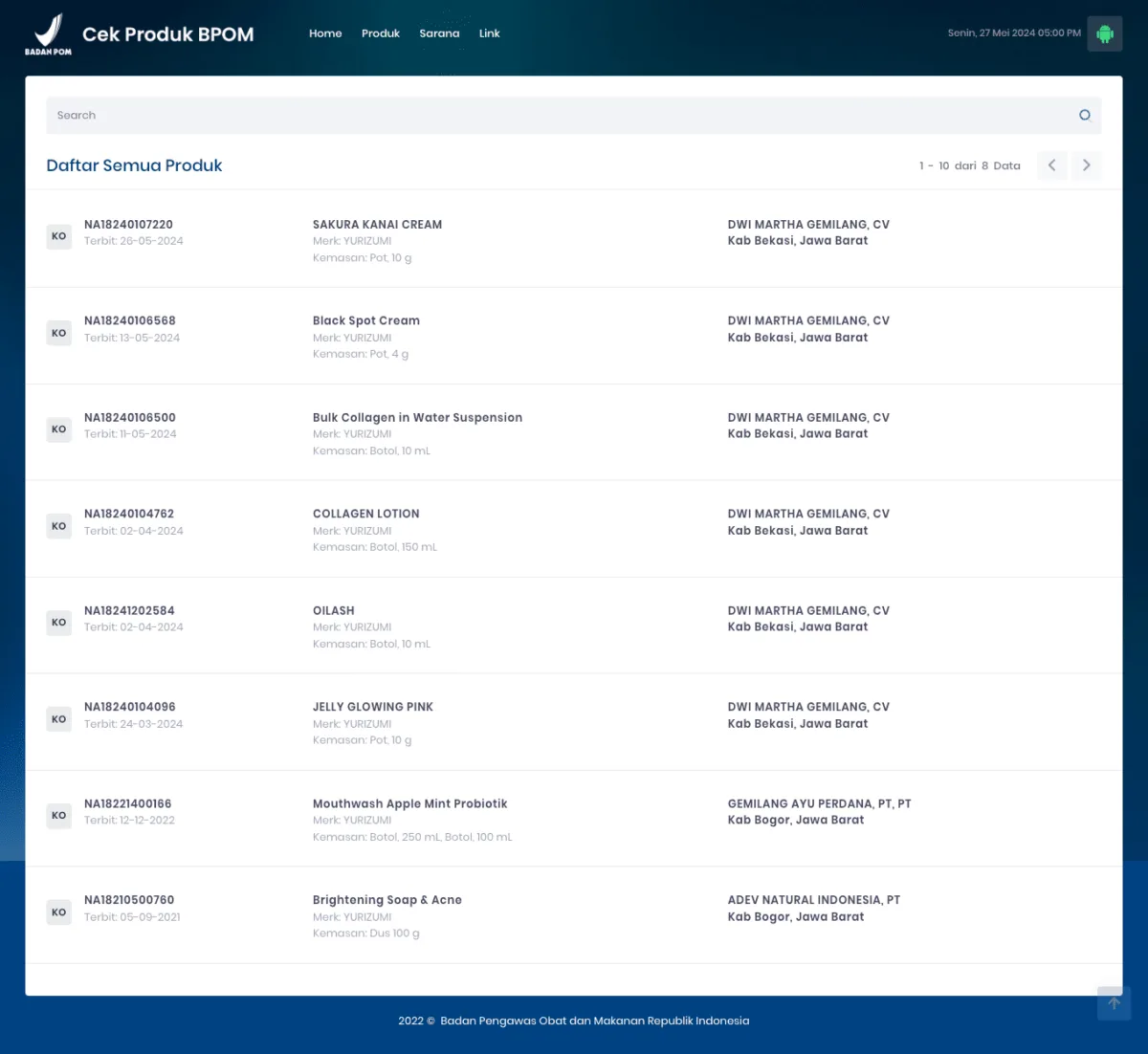 Contoh hasil verifikasi legalitas merk kosmetik Yurizumi di situs resmi BPOM.