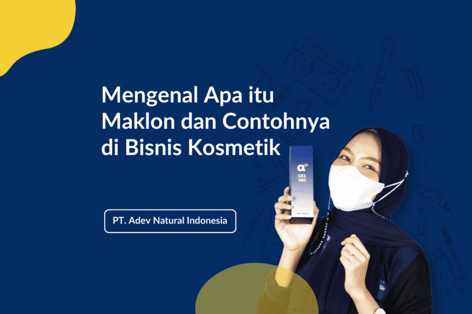 Ilustrasi wanita memegang contoh produk maklon kosmetik dari PT Adev Natural Indonesia, menjelaskan konsep bisnis maklon skincare.