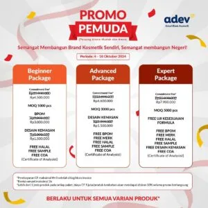 Tabel perbandingan paket MOQ 1000 pcs di jasa maklon adev saat promo pemuda bulan Oktober 2024