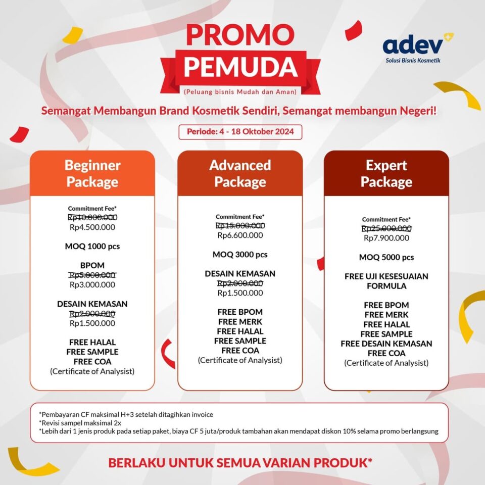 Tabel perbandingan paket MOQ 1000 pcs  di jasa maklon adev saat promo pemuda bulan Oktober 2024