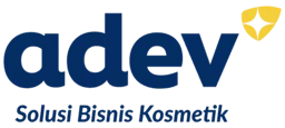 Logo PT Adev Natural Indonesia yang resmi berwarna biru navy dan kuning dengan tagline Solusi Bisnis Kosmetik.