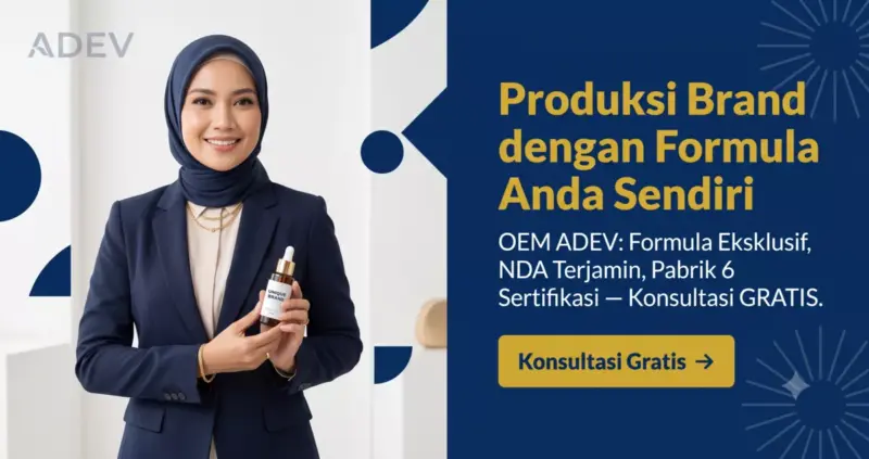 Banner CTA layanan OEM ADEV — produksi brand kosmetik dengan formula Anda sendiri, konsultasi gratis.