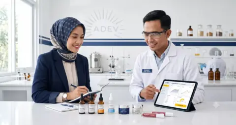 engusaha perempuan berhijab berdiskusi dengan ilmuwan R&D tentang sampel produk kosmetik di laboratorium modern ADEV.
