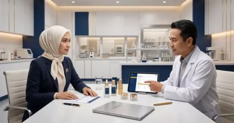 Brand owner perempuan berhijab berdiskusi dengan ilmuwan R&D tentang formula produk kosmetik di ruang pertemuan premium ADEV.