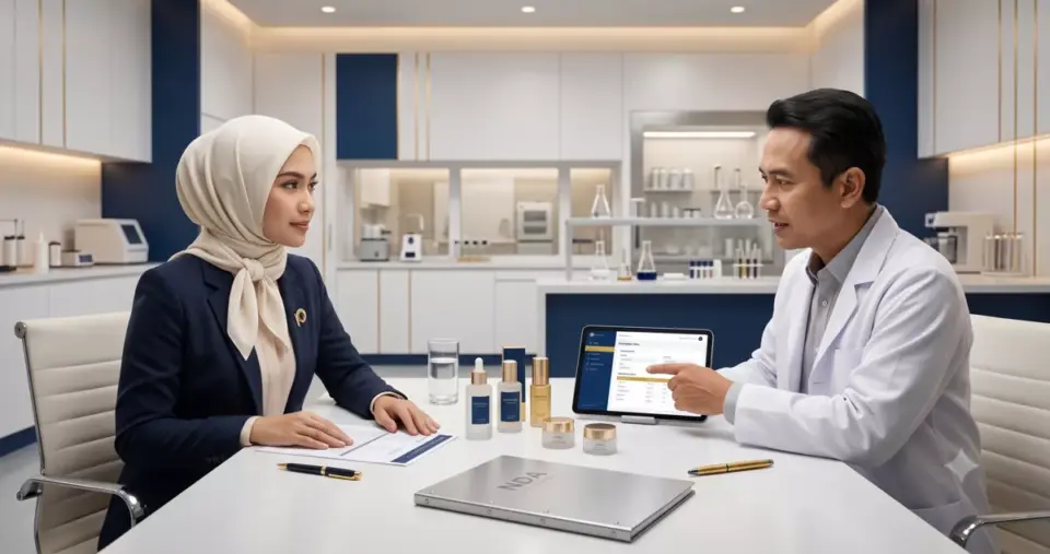 Brand owner perempuan berhijab berdiskusi dengan ilmuwan R&D tentang formula produk kosmetik di ruang pertemuan premium ADEV.