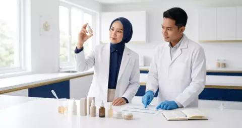 Brand owner perempuan berhijab memeriksa sampel produk kosmetik di laboratorium ADEV bersama teknisi R&D.