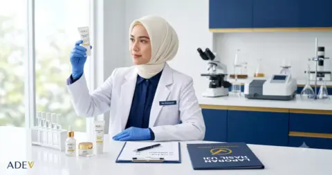 Analis laboratorium berhijab memeriksa sampel sunscreen untuk uji lab kosmetik bersama ADEV — uji aman, klaim valid.