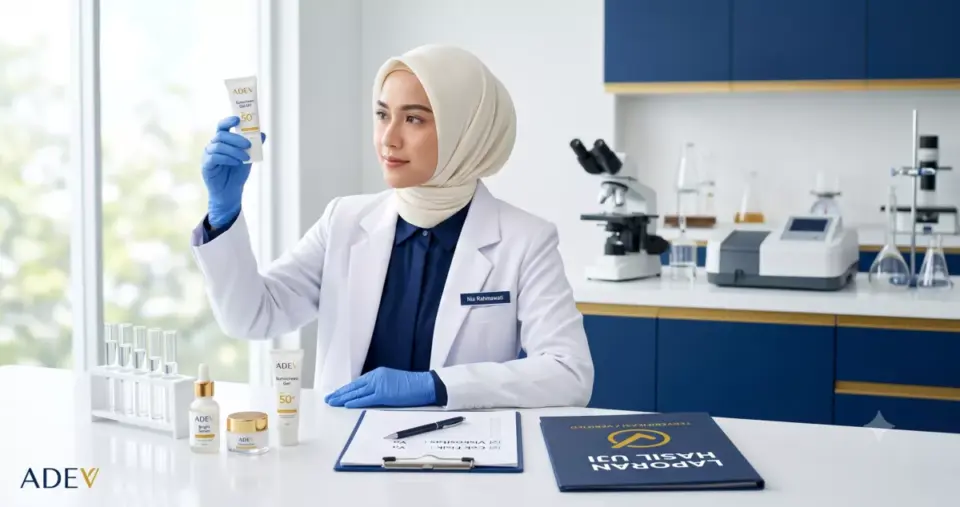 Analis laboratorium berhijab memeriksa sampel sunscreen untuk uji lab kosmetik bersama ADEV — uji aman, klaim valid.