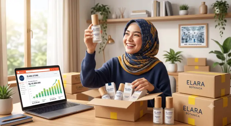Ilustrasi pengusaha perempuan berhijab membuka paket produk skincare brand-nya sendiri di rumah, hasil kemitraan ODM ADEV.