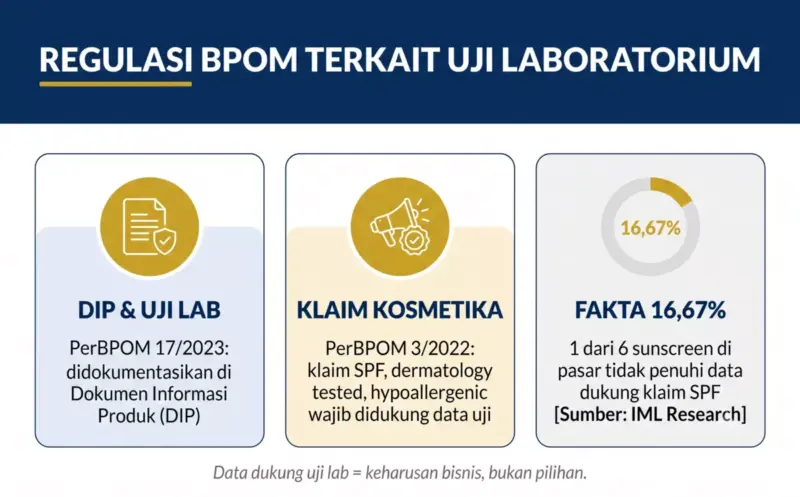 Infografik regulasi BPOM untuk uji laboratorium kosmetik — DIP, klaim, dan fakta sunscreen.