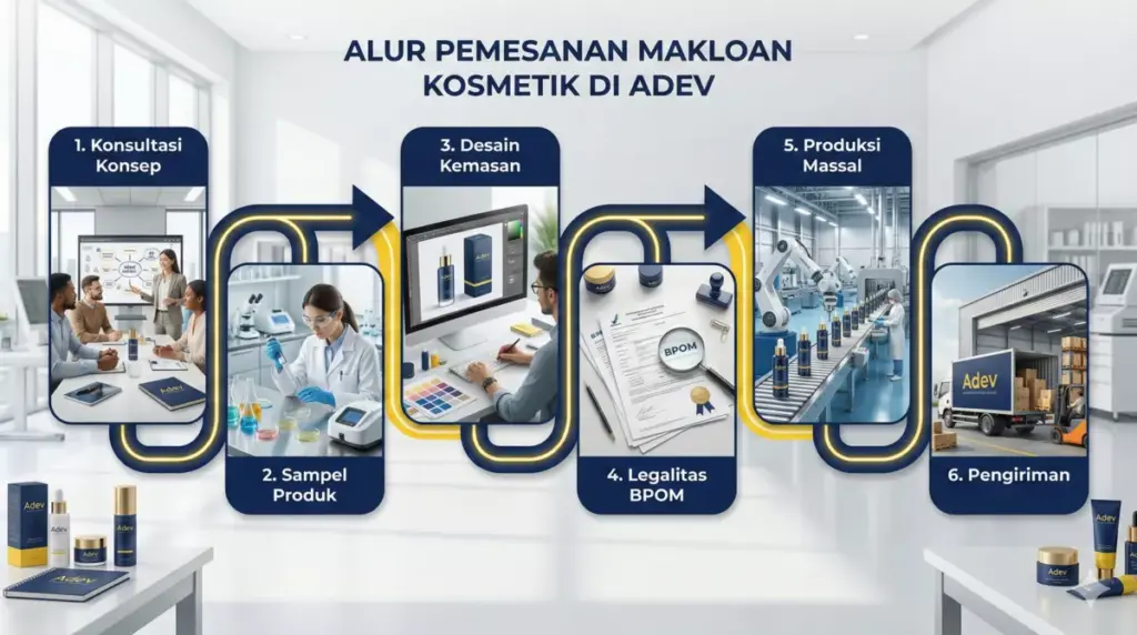 Infografis 6 langkah mudah memesan layanan maklon kosmetik di PT Adev Natural Indonesia.
