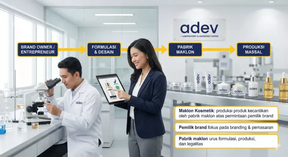 Ilustrasi infografis penjelasan apakah itu maklon kosmetik antara pemilik brand dan pabrik maklon Adev.